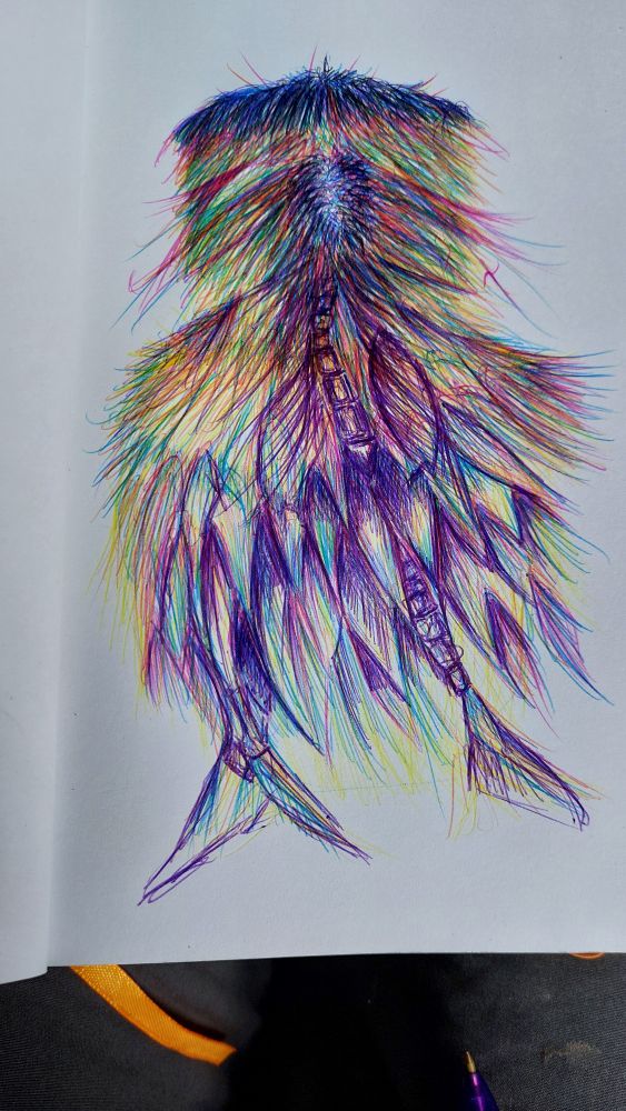 Darrell, but now with feathers, layers of green, and pink, and purple and blue, and he's got weird feet, and he looks like the kind of guy you'd invite out for Mardi Gras. Weird nose too.