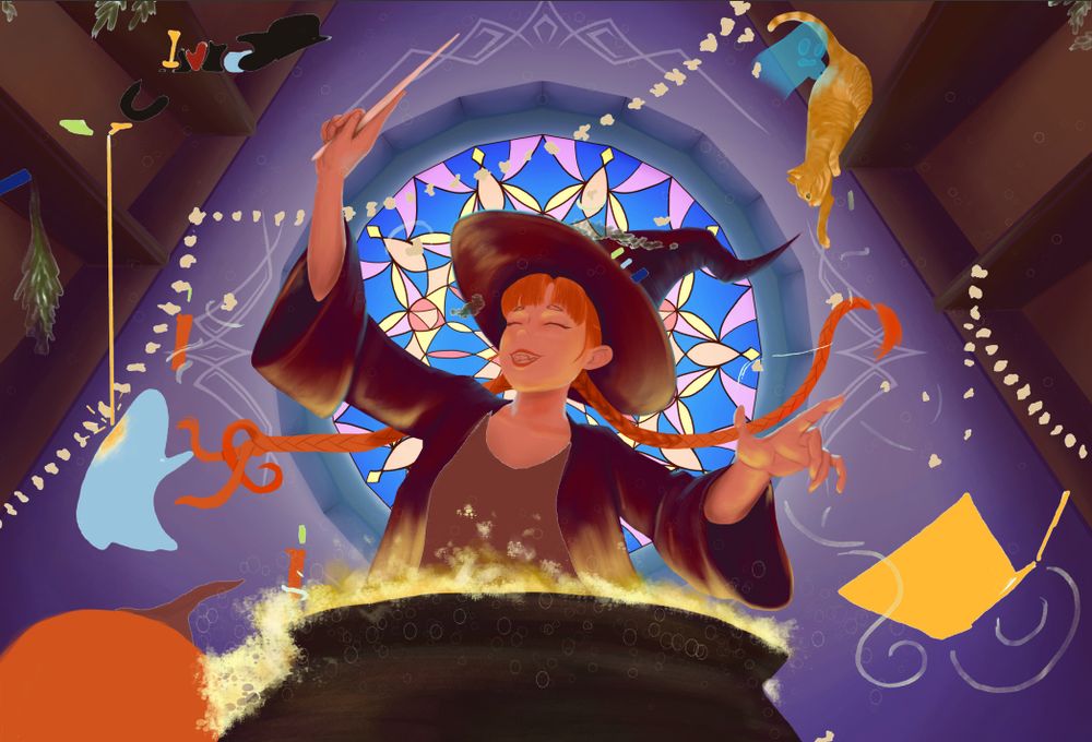 In progress Halloween themed illustration. A red haired witch is poised in front of a circular stained glass window. She is grinning joyfully over a glowing golden cauldron as it starts to bubble over. There are shelves in the background with some sketches of items to come, as well as a mostly completed cat. The cat is reaching down off the edge, trying to bat at the witch’s floating braid. A panicked ghost pushes against its butt to try and prevent the cat from falling. 
The illustration is like,, half done. But I’m excited to work on it more :)
