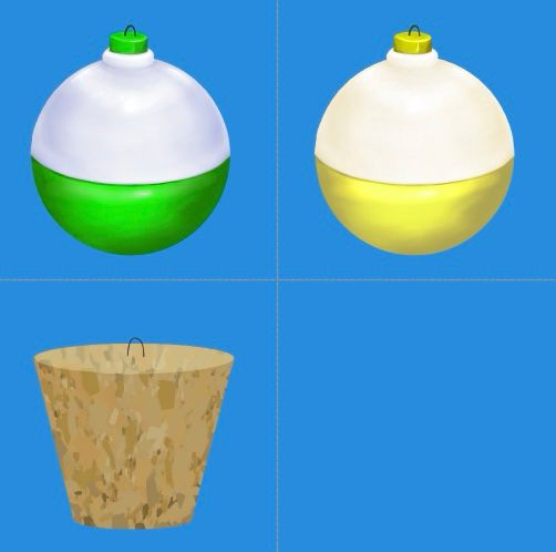 Three bobbers. Similar to the first images the top row has 2 standard ball bobbers. Left is green with a white top, right is yellow with a white top. 
On the bottom left is a cork. Bottom right is empty, ready for a new bobber to join the lineup