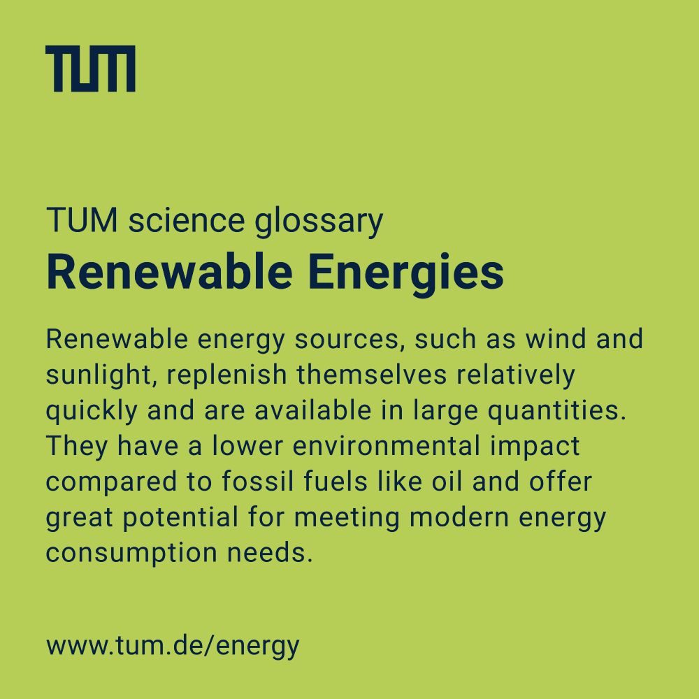 Light green graphic with the TUM logo at the top. The text reads: TUM science glossary – Renewable Energies. Renewable energy sources, such as wind and sunlight, replenish themselves relatively quickly and are available in large quantities. They have a lower environmental impact compared to fossil fuels like oil and offer great potential for meeting modern energy consumption needs. At the bottom, the URL www.tum.de/energy is shown.