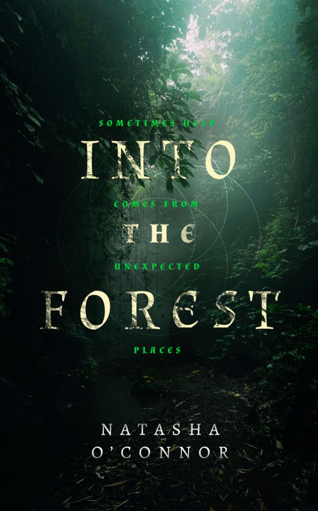 Dark forest scene with a shaft of sunlight and the title Into The Forest down the middle with the text 'sometimes help comes from unexpected places' in between and Natasha O'Connor at the bottom 