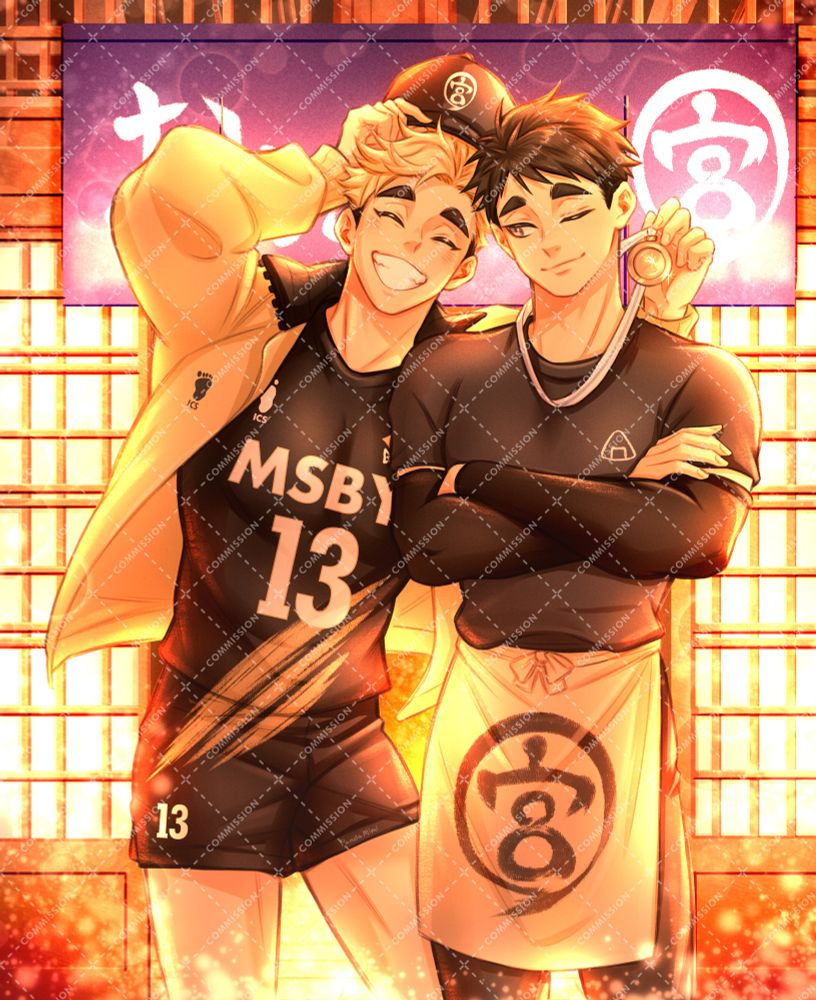 Drawing of the Miya twins hugging sideways with Atsumu wearing Osamu's cap and Osamu having Atsumu's gold medal around his neck. They are standing in front of Osamu's onigiri restaurant and smile happily and proud of each other.