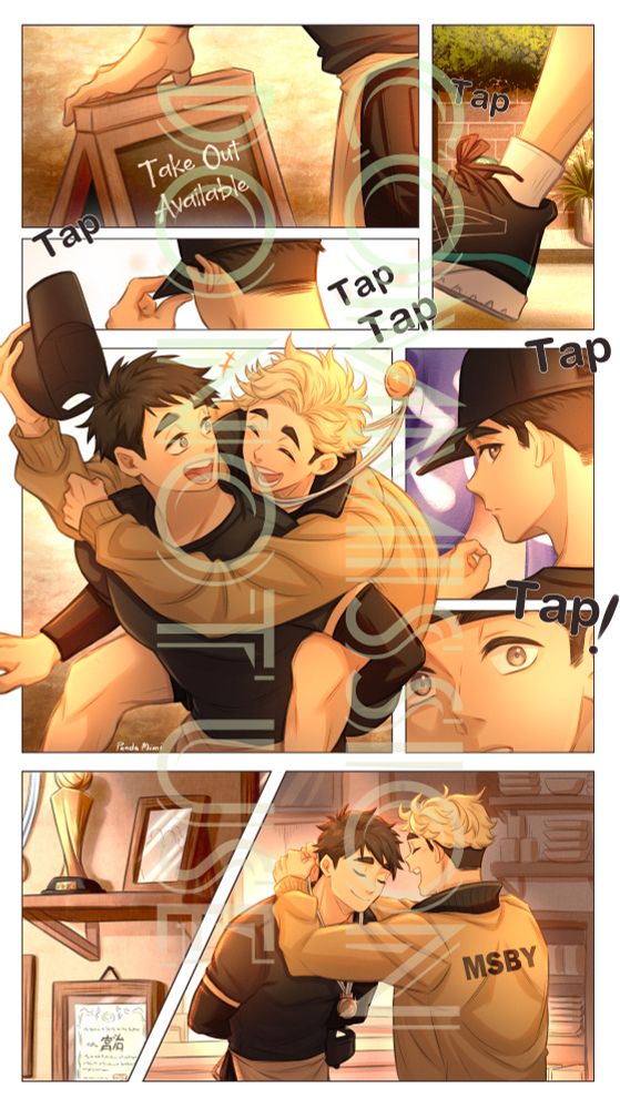 A short comic of Miya Atsumu running and hugging his twin brother Miya Osamu from behind, and subsequently hanging his gold medal around Osamu's neck. Both are very happy and bathed in warm golden evening light.