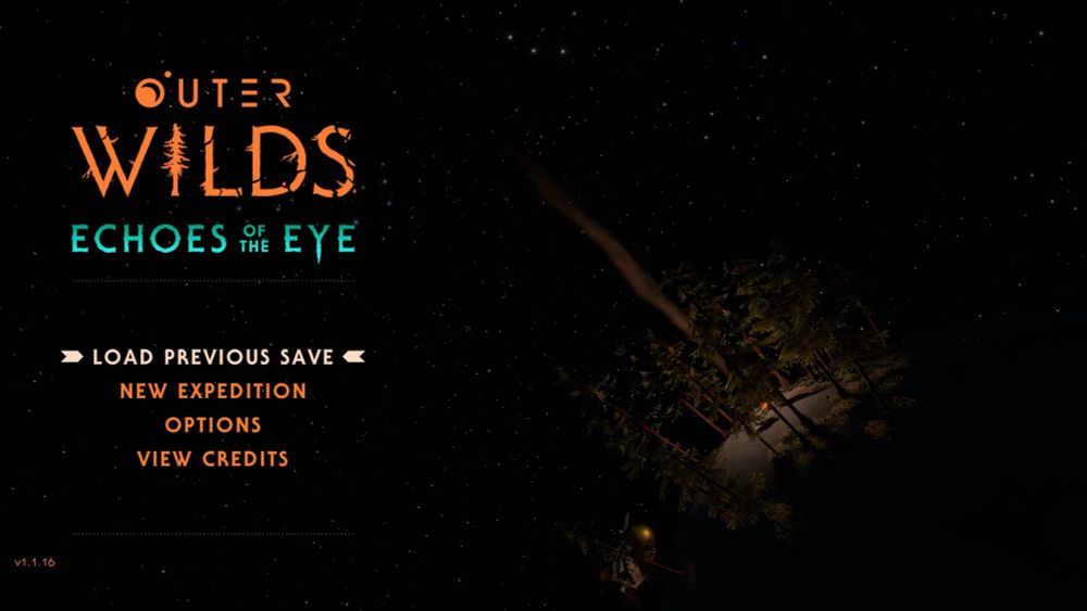 Outer Wilds: Echoes of the Eye main menu. On the left side are the options, on the right side a small forest planet is lit by a small campfire.