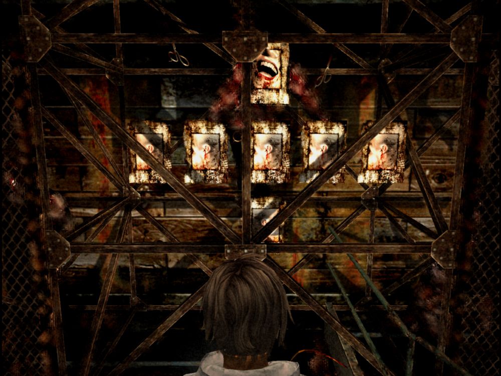 Screenshot from Silent Hill 3. Heather looks into a maze of metal scaffolding with a picture of a woman laughing and five pictures of a woman's bloody ear/side of head.