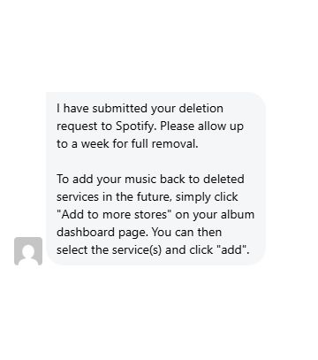 Confirmation that the music is being removed from Spotify.