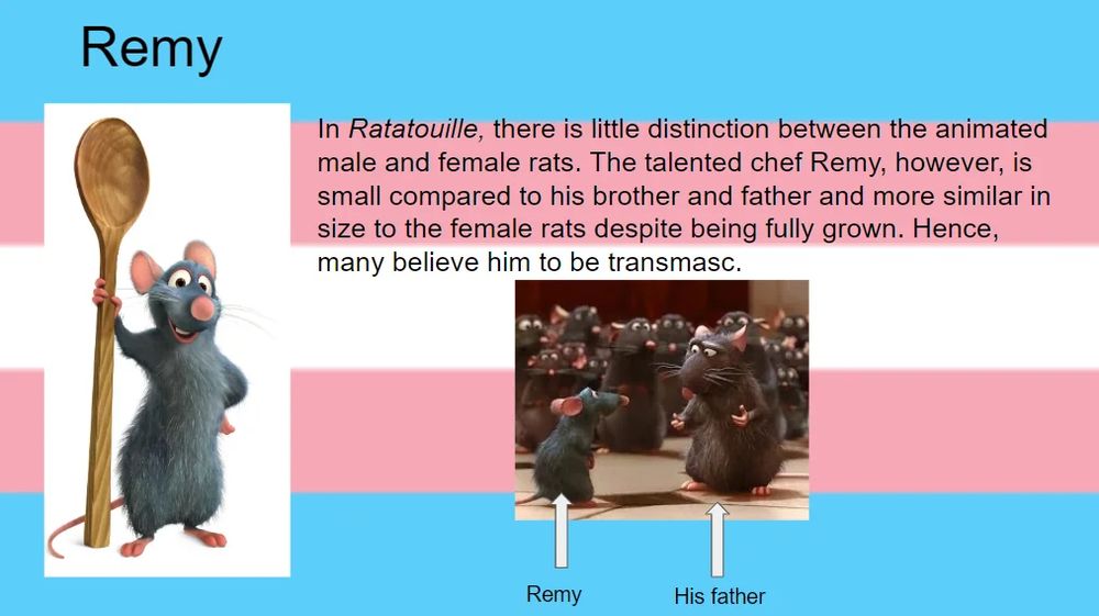 Remy the rat on a trans flag. Text says: "In Ratatouille, there is little distinction between the animated male and female rats. The talented chef Remy, however, is small compared to his brother and father and more similar in size to the female rats despite being fully grown. Hence, many believe him to be transmasc."