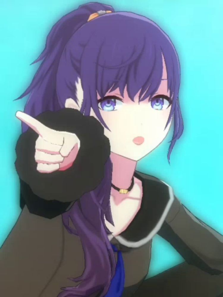 a girl with purple hair and blue eyes is pointing her finger