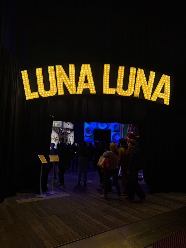 Marquee displaying the entrance to part of the Luna Luna exhibit. The name Luna Luna is displayed in bright lights.