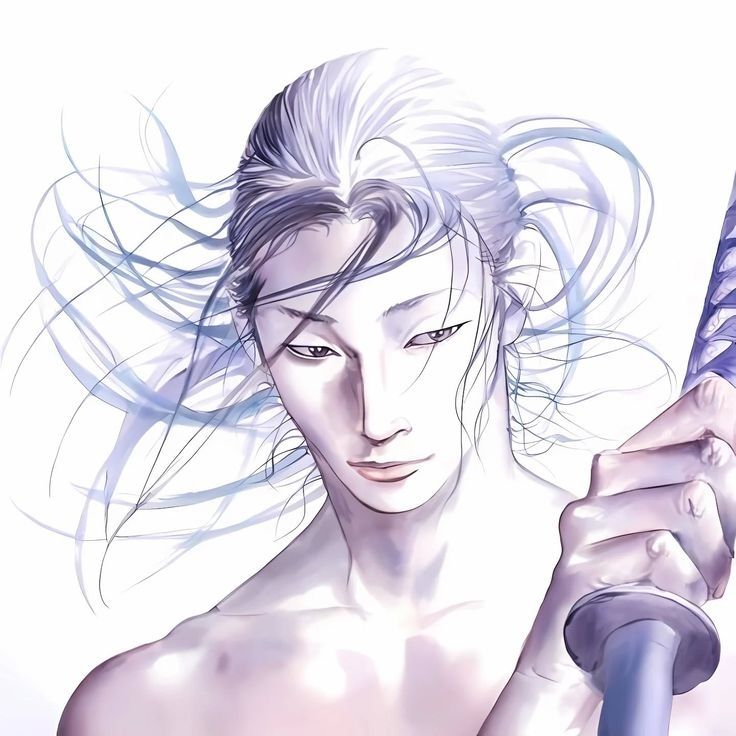 Frontal shoulder length drawing of Sasaki Kojiro from Vagabond manga holding a katana 