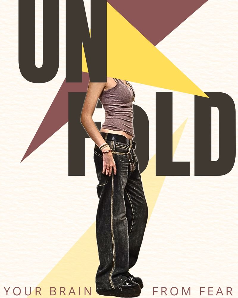 full profile of a girl with a yellow triangle covering her head, on the upper background there's another bordeaux triangle and on the lower a transparency yellow one. Text says: "Unfold your brain from fear". The word unfold is in a bigger and bold font while the rest of the phase is set on the bottom of the picture 