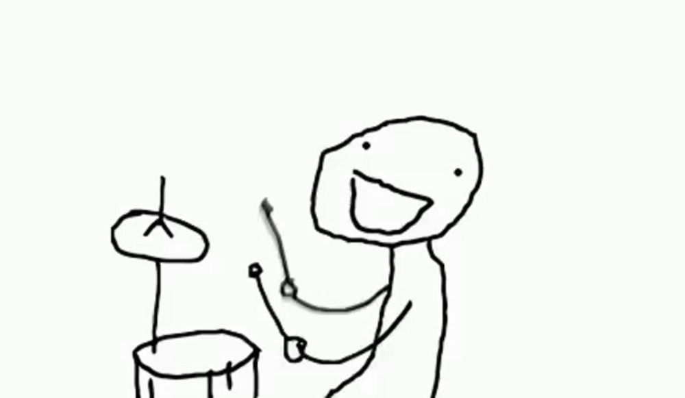 a black and white drawing of a person playing drums with the words `` ba dum tsss '' above them .