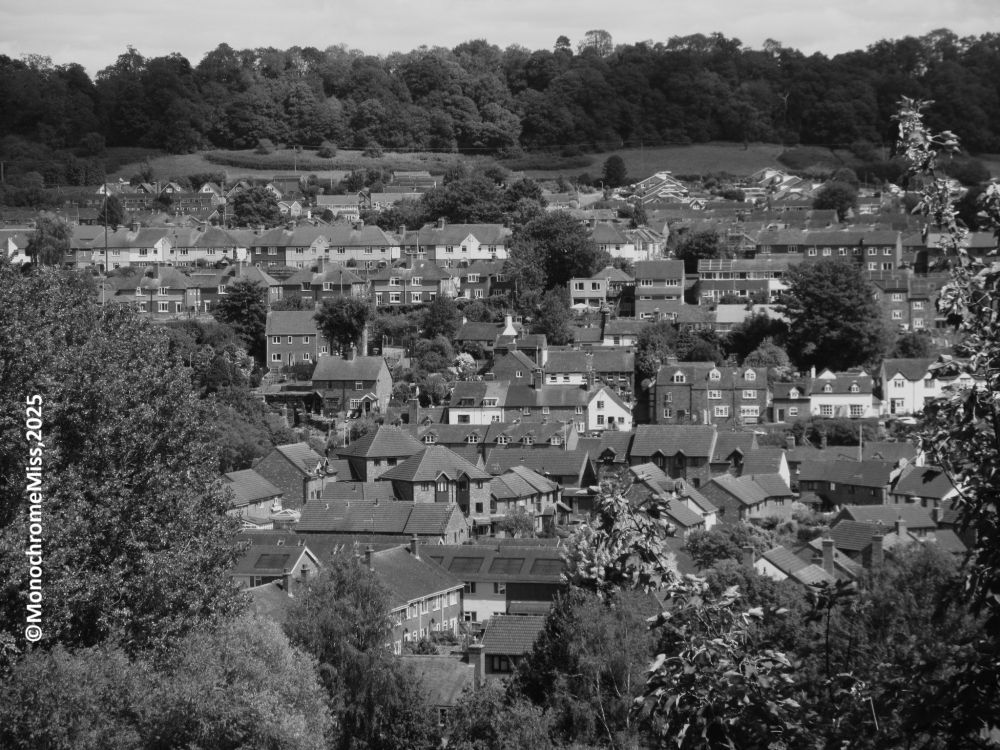 A black and white photograph in landscape format. It shows a view over rooftops from a high point with fields and woodland in the distance on the other side of the valley.