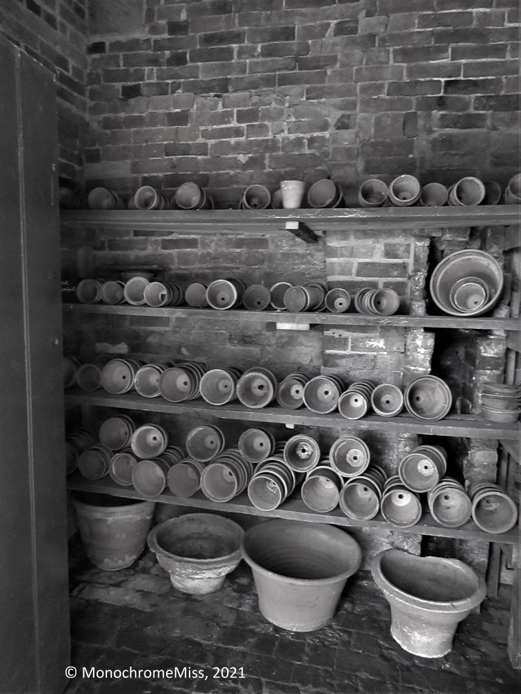 A black and white photograph in portrait format. It shows the interior of a garden shed/cupboard at Calke Abbey, Derbyshire with a great array of neatly stacked clay flowerpots on rustic shelves and on the brick floor.