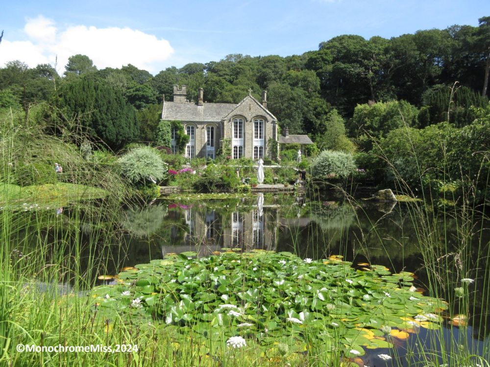 A colour photograph in landscape format. It shows a view across a small lake to a grey stone hall with white painted window frames. There are waterlilies in the foreground and a beautiful dark green woodland in the background. The house is partly reflected in the water of the lake.