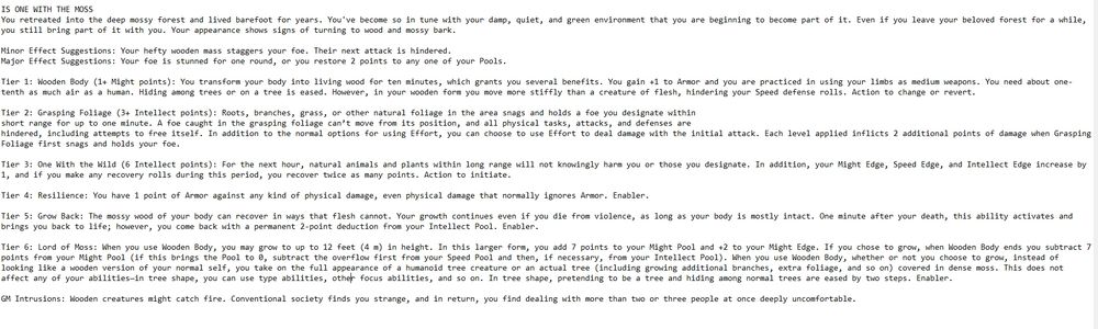 A block of text on a white background, which describes the "Is One With Moss" Focus for Cypher System. 