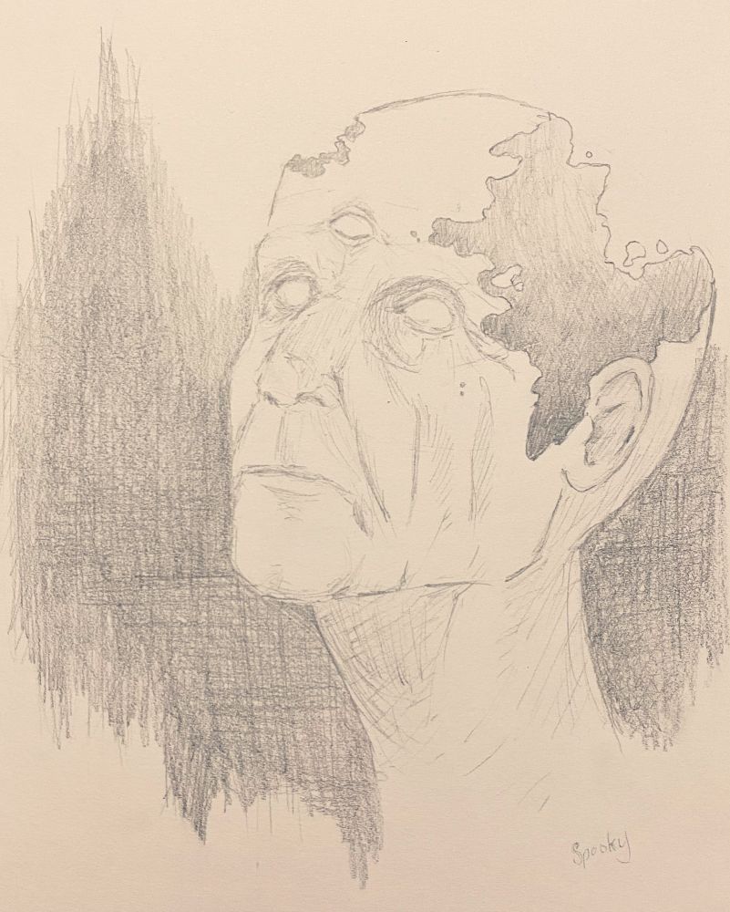 A pencil drawing from one of my sketchbooks: a man with three eyes looks longingly into the distance, his head fragmented and crumbling, disintegrating as though made of porcelain or paper. His expression is not sorrowful, but rather one that suggests that he sees beyond that which lies in front of him.