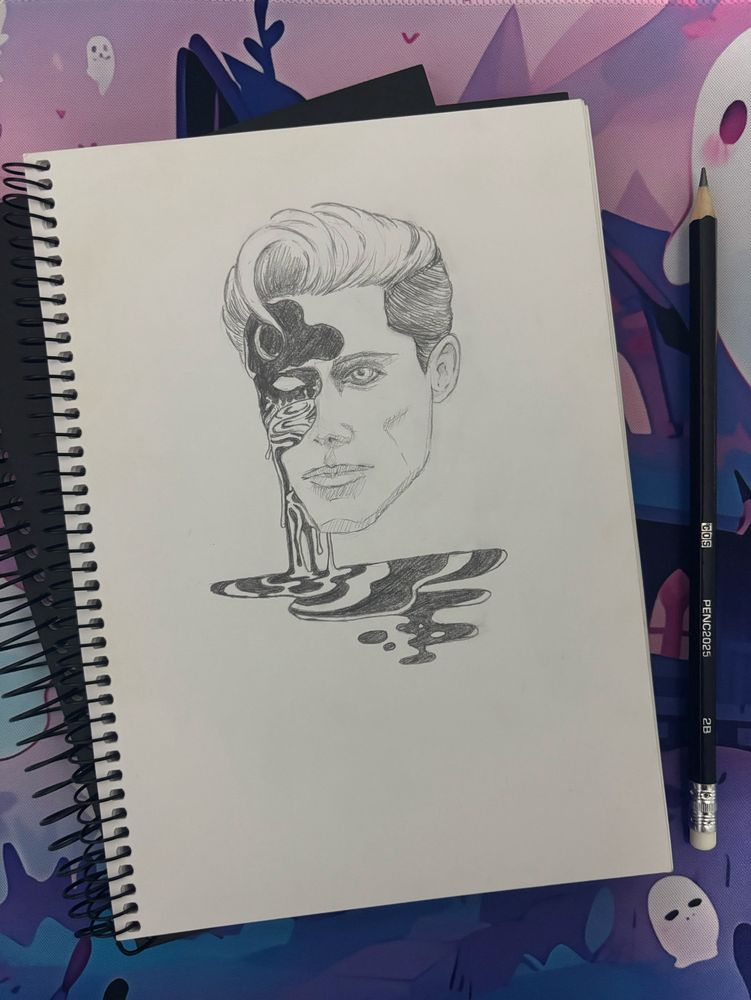 An pencil drawing from my sketchbook - a young person’s face looks outward, half dissolving into a puddle of alternating black and white waves. There is a sense of turmoil beneath the facade.