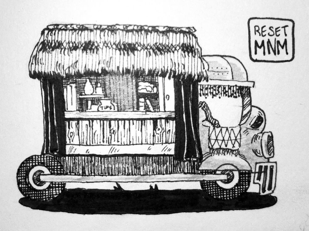 Drawing in black markers of a shop on wheels. The roof is covered in hay and it folds down to hide the merchandise. It has the shape of an small truck with side-of-the-road stand on the back. The front cabin doesn't have windows over the door, and the inside is padded with thick blankets. 