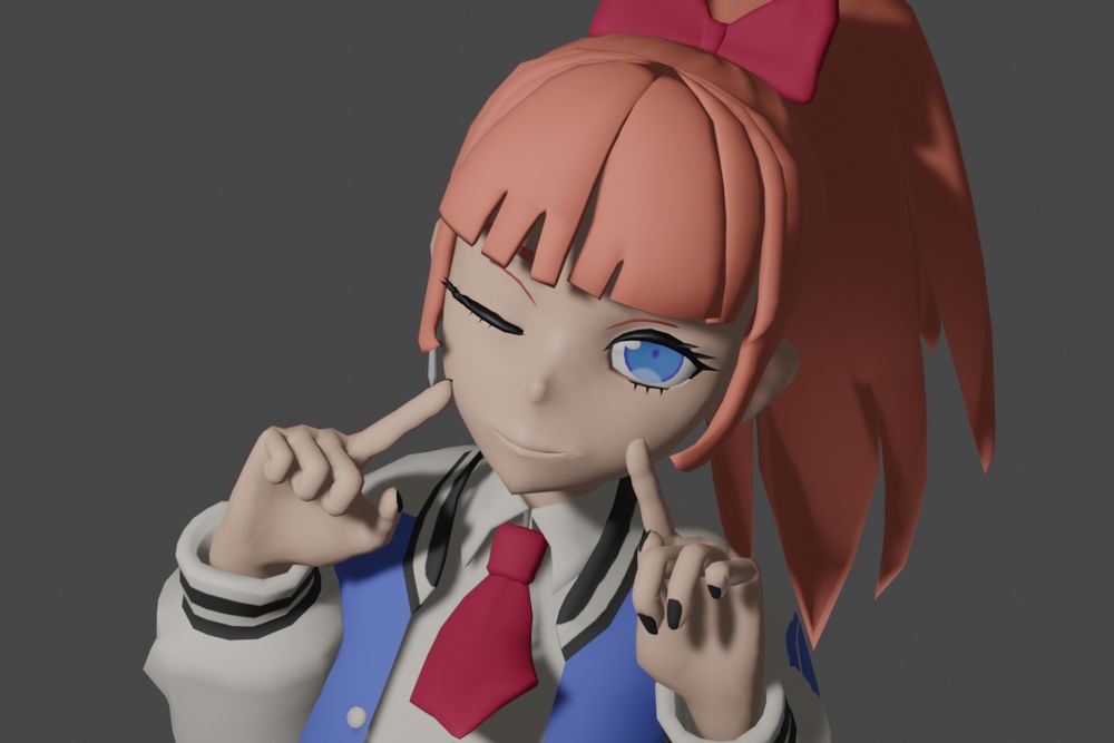 a 3d model of the character Kyoko from River City Girls. She's winking and touching her index fingers to her cheeks