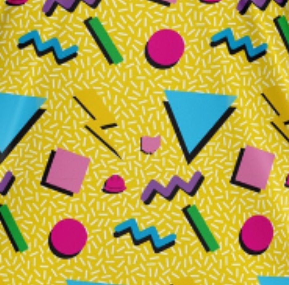 Extremely 90s pattern with a yellow background and various zany bright colored shapes