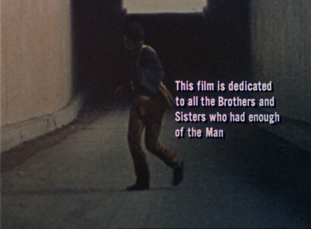 Sweet Sweetback's Baadasssss Song
Melvin Van Peebles turns while running. Text reads "This film is dedicated to all the Brothers and Sisters who had enough of the Man"