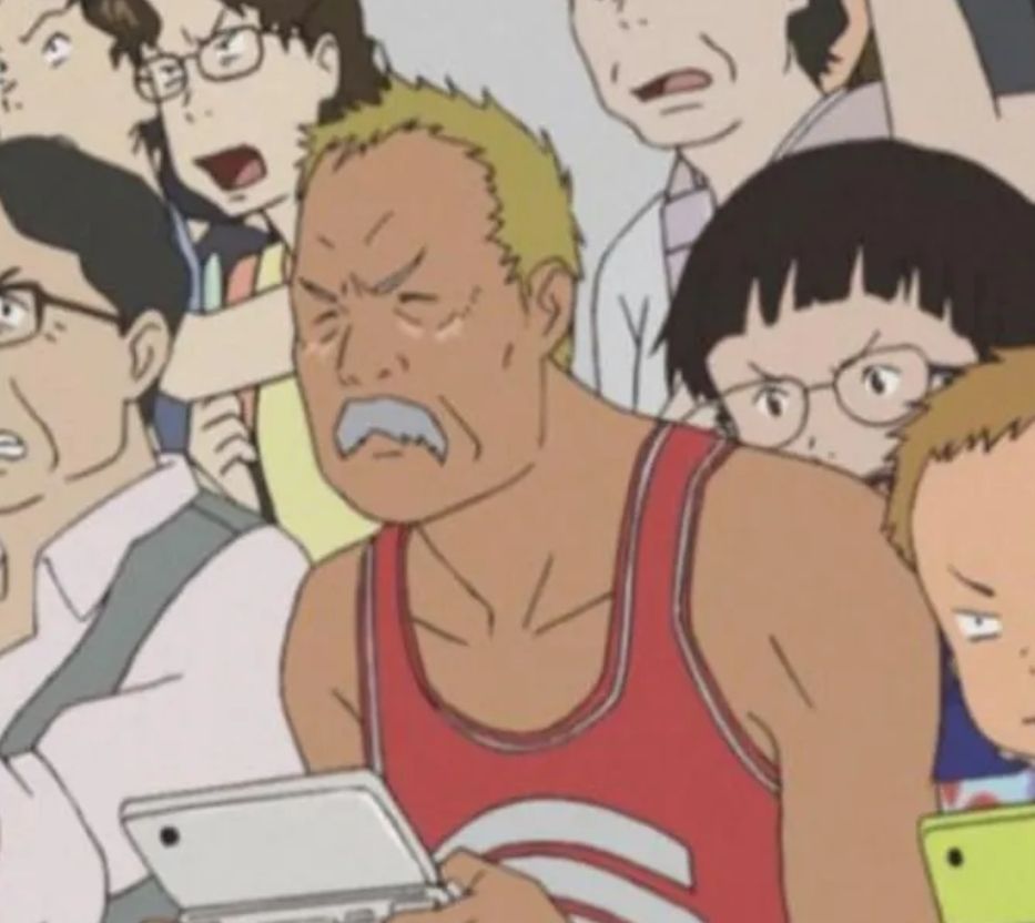 An uncle from Summer Wars holding a Nintendo DS alongside other family members