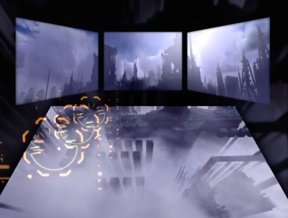 Three screens arranged horizontally and another larger screen beneath. All showing a flight through a city of spires surrounded by fog