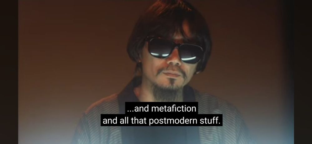 Guy wearing sunglasses.
Caption reads "...and metafiction and all that postmodern stuff."