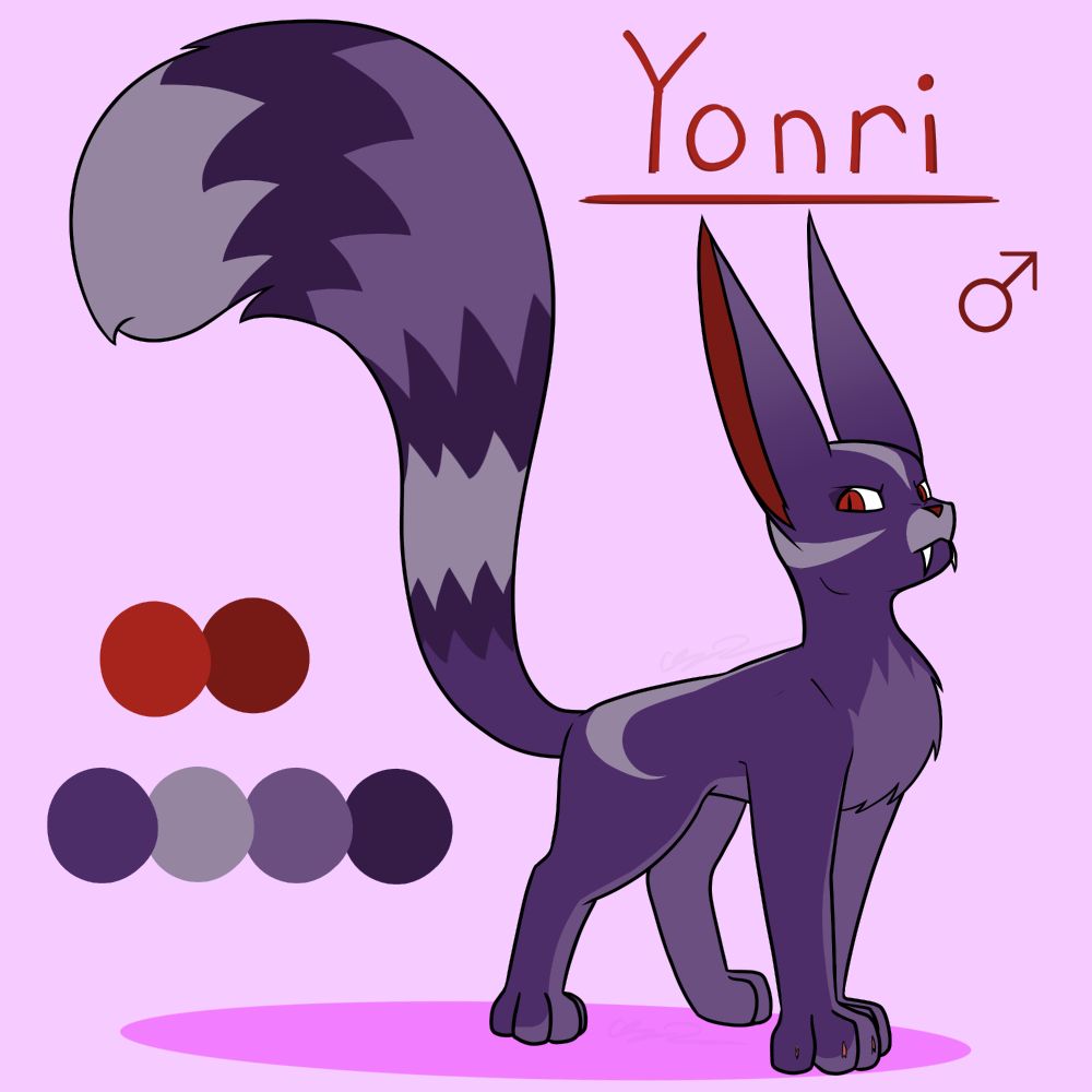 A digital drawing to reference for an OC. The current rendition of Yonri, a squabbit oc.
Feline-adjacent anatomy with longer ears and tails.

He has red eyes with a darker shade on his paw pads, inner ears, and nose. This version features fur colors near identical to Dahlia's, with predominantly lighter markings. He has a lighter gradient from the tips to the bases of his ears, and three darker, spikey stripes on his tail.
He has longer fangs than average, reaching down to his chin.

Text reads: "Yonri" 
The symbol for Male is below it.