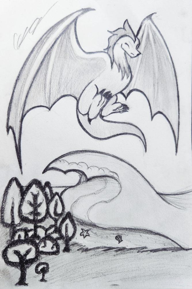 A traditional pencil drawing featuring a wyvern above a wave in the background, about to wash over a small beach, grassy field, and a squiggly treeline.