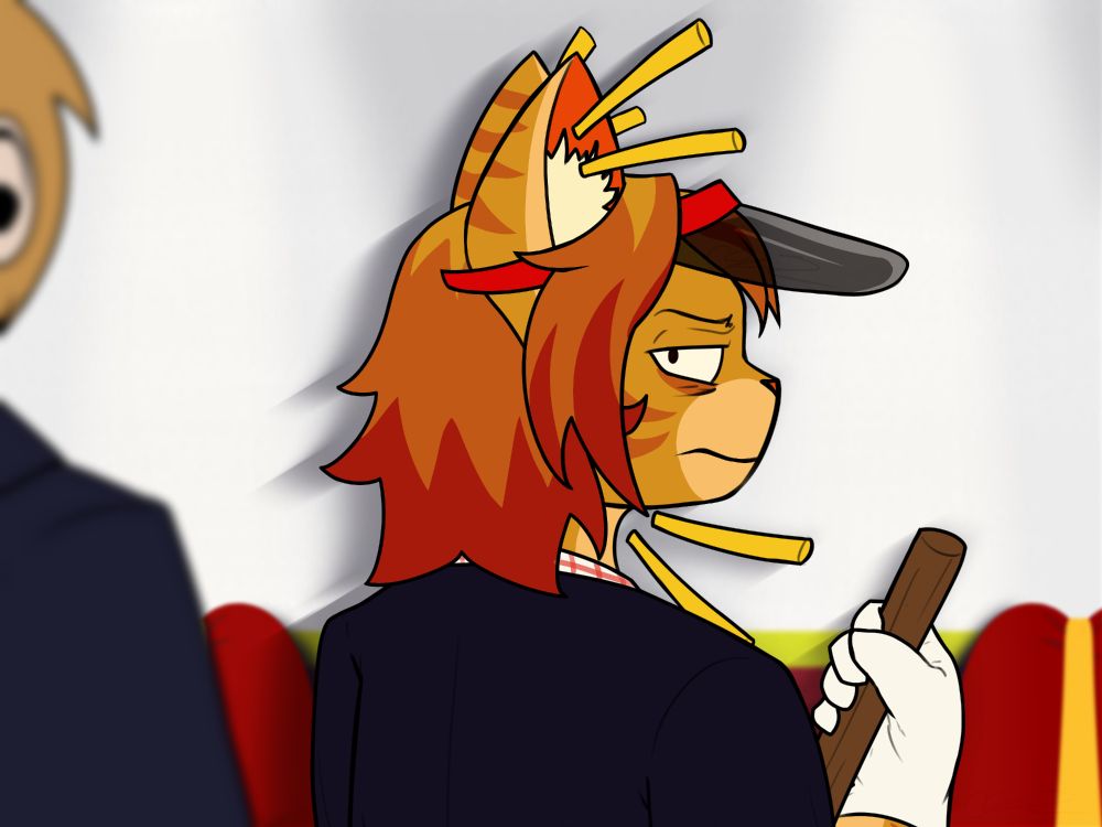 A digital drawing featuring an orange, anthro cat working the floor in a fast-food joint. He is half-glaring at someone behind him, barely visible and facing away on the left-hand side of the image.