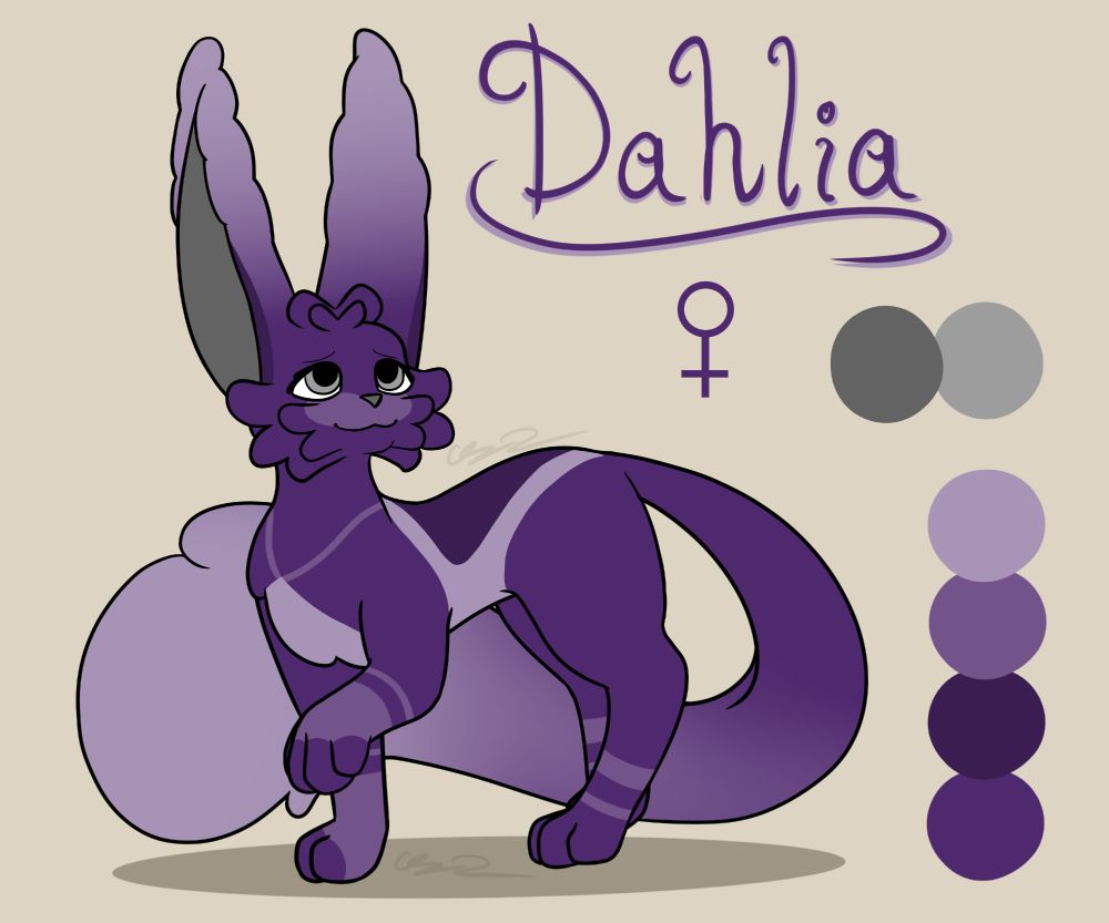 A digital drawing to reference for an OC. An alternate rendition of Dahlia, a squabbit oc.
Feline-adjacent anatomy with longer ears and tails.

She has grey eyes with a darker shade on her paw pads, inner ears, and nose in this version. Dahlia has honey-flower purple fur with markings in different shades, plus a lighter gradient from the tips to the bases of her ears and tail.
She has 14 tufts on her head: 4 on top, and 5 on each cheek, with 2 inner ones and 3 outer.

Text reads: "Dahlia" with a Female symbol below it.