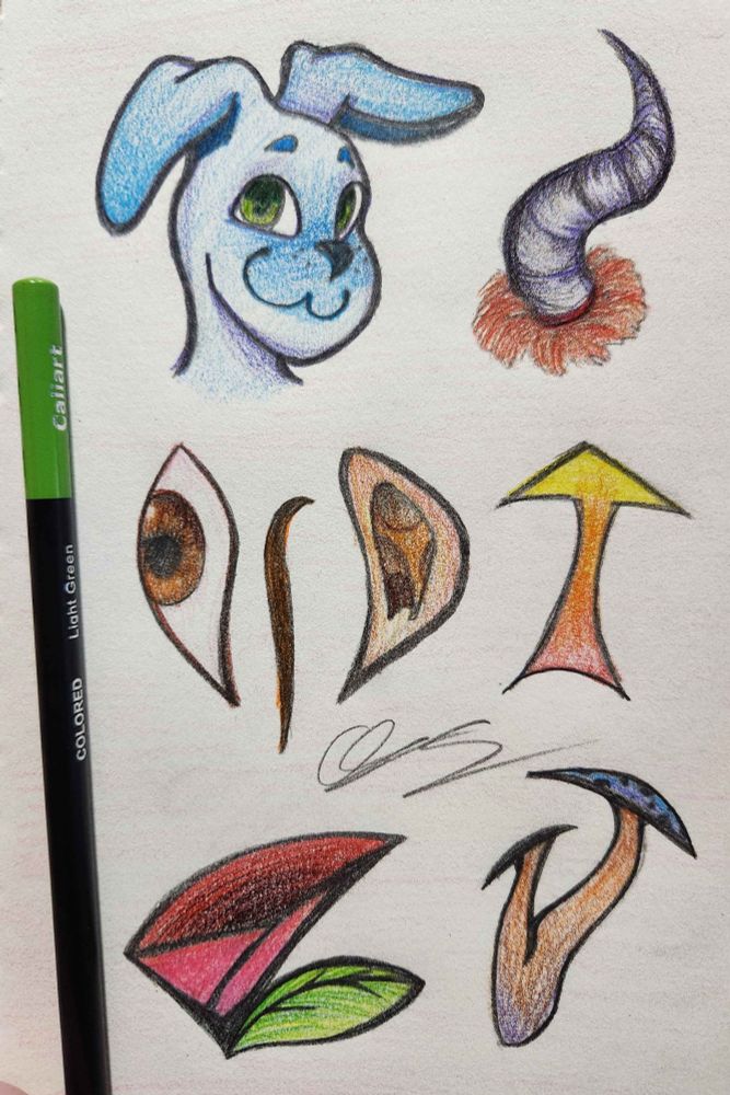 A traditional drawing featuring a cartoonish blue dog head, a curved purple horn, a brown eye and possibly an eyebrow, a human ear, a yellow-to-red/orange arrow pointing upward, a triangular red flower with a green leaf, and a mushroom of some sort.
A colored light green Caliart pencil is shown to the left of the above illustrations.