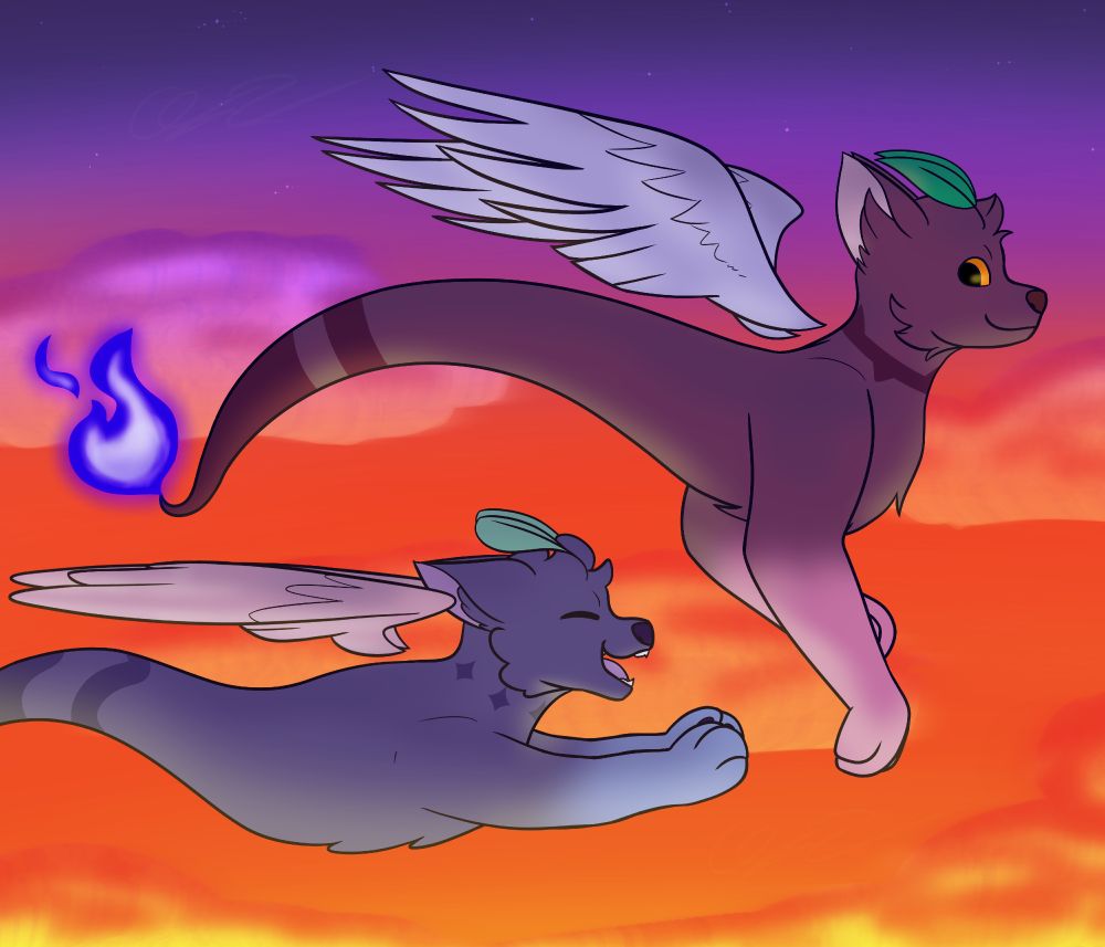 A digital drawing featuring two OCs: Arjun, owned by Potat-Queen (top), and Nebula, owned by me (bottom, mimicking Arjun's form).