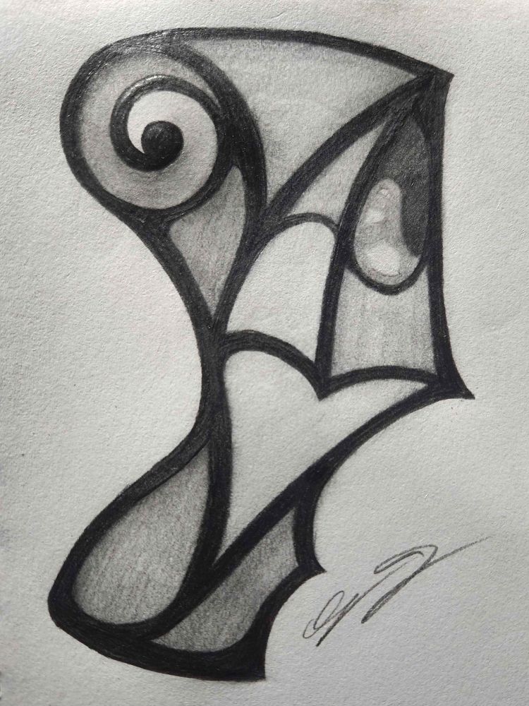 A traditional graphite drawing. Mostly abstract with thick lines and sweeping motion. Vaguely reminiscent of a batwing or butterfly markings, but overall forms the profile view of a.. lizard thing with a curled horn. Something like that.