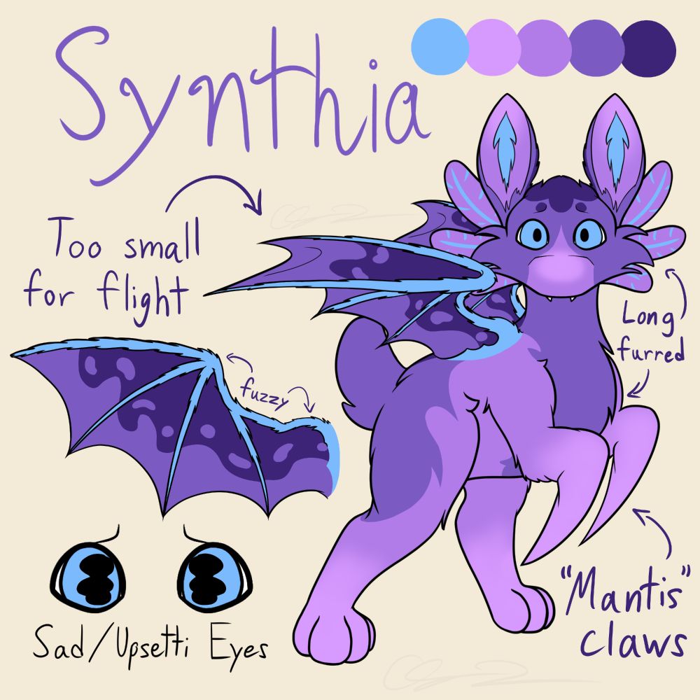 A digital drawing featuring Synthia, an original character part of an original species known as Puckybeans.

Various bits of text:
Synthia
Too small for flight (arrow pointing at wings)
fuzzy (arrows pointing as bony edges of wings)
Long furred (arrows toward lthe ongest fur sections)
"Mantis" claws (arrow toward front-most limbs)
Sad/Upsetti Eyes (example above it)

Synthia is primarily purples and pinks, plus one shade of blue. Trait-wise, she has long fur, deer-like ears, and fuzzy-boned bat-like wings.
The primary pose appears alert, body facing the right while her head faces the viewer directly.

Two separate example drawings for visual aid:
- Outstretched wing to show the patterning on the wings (waves/lava lamp-esque)
- Eyes with blobbier, watery-shaped pupils ft. the last noted Text line.