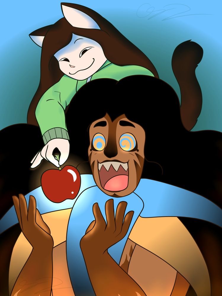 A digital drawing featuring two OCs.
Creeper (my persona) holding an apple in front Ahmose (belonging to ~R3XXD on Artfight) from behind.