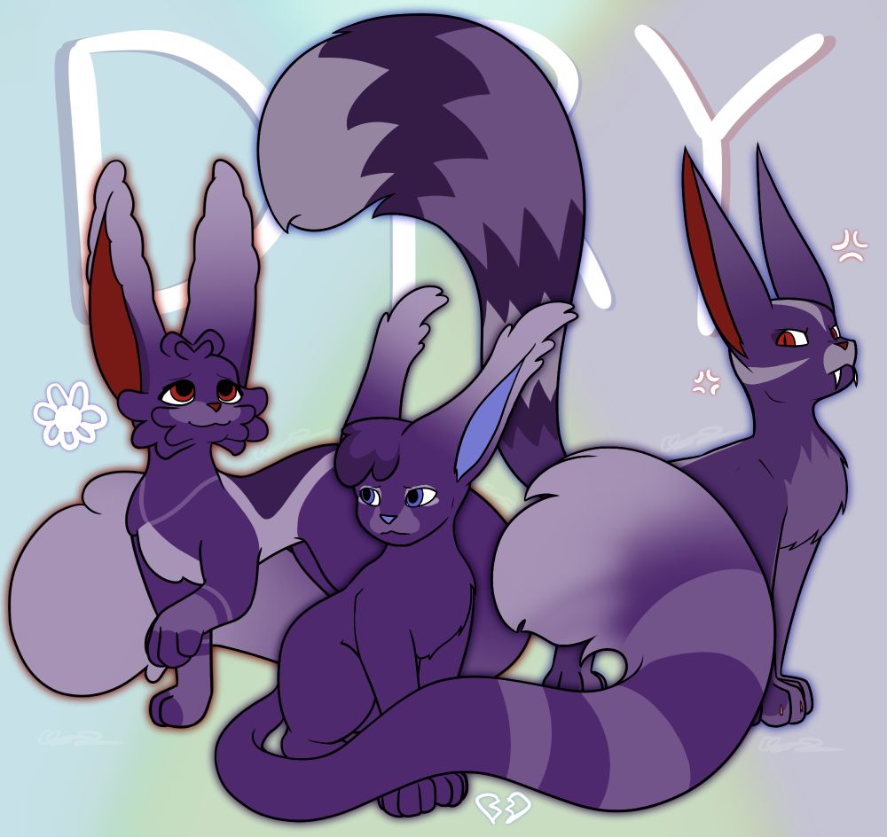 A digital drawing featuring OCs Dahlia, Rinyo, and Yonri, all part of the same original species.
Behind the trio in white is text reading "DRY"
Dahlia and Yonri are standing behind a sitting Rinyo, outlined in the color denoting their love interest.
Dahlia has a flower symbol beside her head, Yonri has irritation marks, and Rinyo has a broken heart below him.

All three bear purple fur, though Yonri's is very slightly faded/off-colored. Dahlia and Yonri share red eyes and flesh, while Rinyo's eyes and flesh are blue.