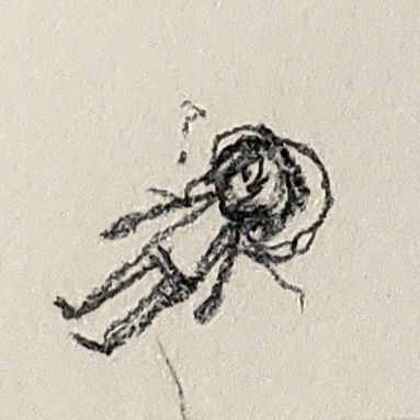 A very small, zoomed in picture of a pencil doodle featuring a not-so-wellrendered Felix (OC) laying on top of a blanket and pillow with a question mark by his head.