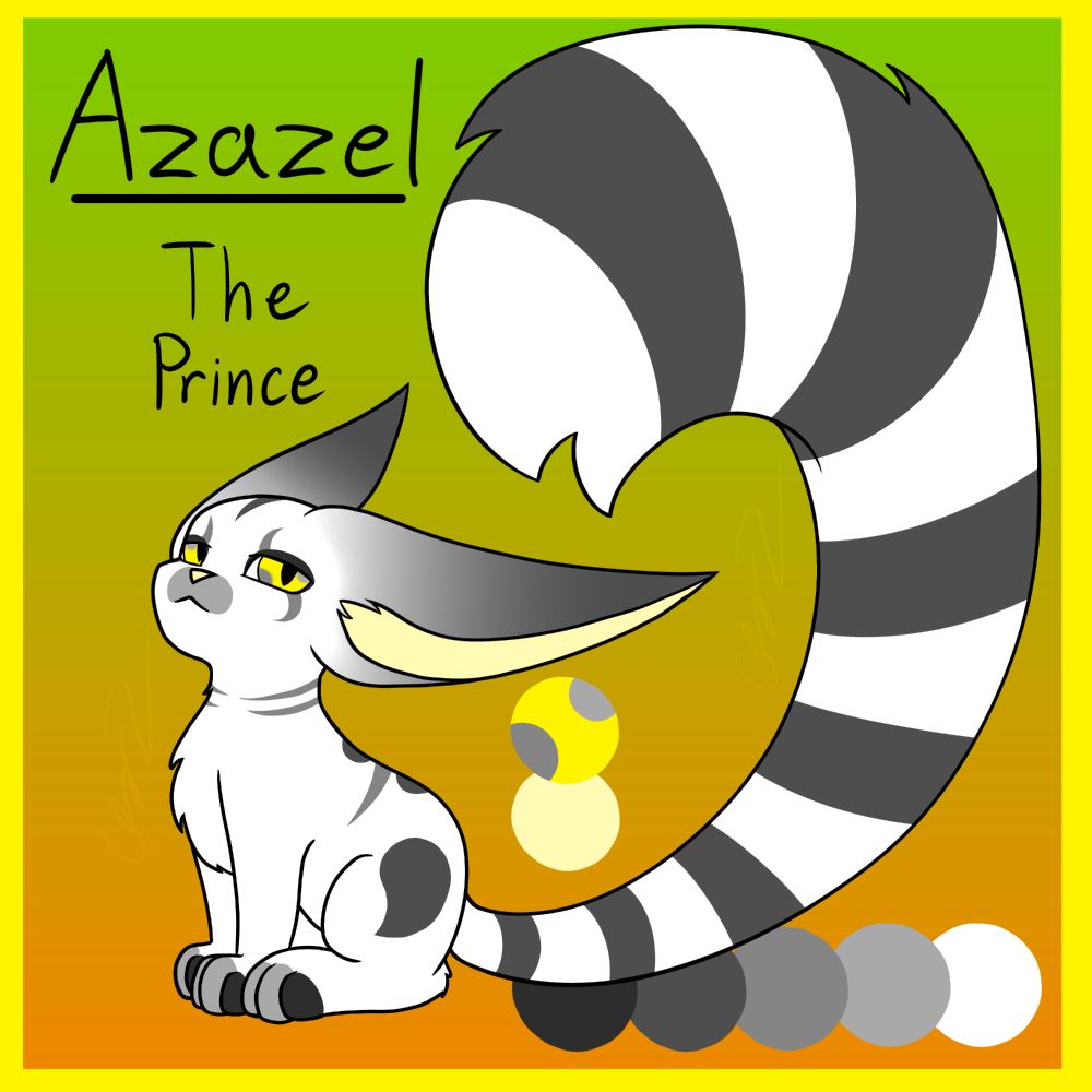 A digital drawing to reference for an OC, Azazel, Prince of all Squabbits, an original species.

Feline-adjacent anatomy with longer ears and tails.
He has yellow eyes with odd grey dots in the iris, and a lighter shade of the yellow on his paw pads, inner ears, and nose. Jerial otherwise has white fur with various darker markings, plus a darker gradient from the tips to the bases of his ears and seven dark stripes on his tail.

Text reads: "Azazel (underlined)" "The Prince" 