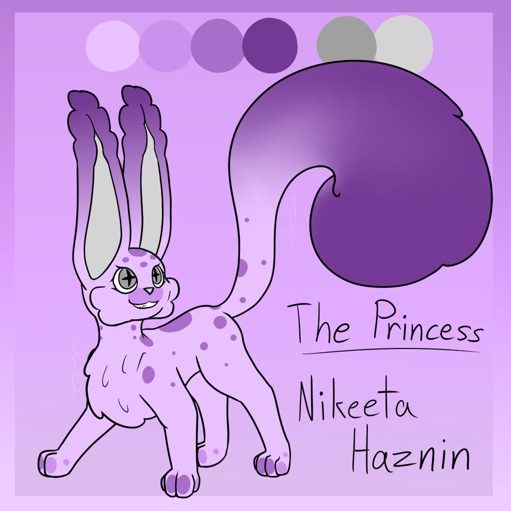 A digital drawing to reference for an OC. A younger rendition of then Princess Haznin (Princess of Squabbits, an original species).

Feline-adjacent anatomy with longer ears and tails.
This younger version has grey eyes and a lighter shade on her paw pads, inner ears, and nose. Nikeeta otherwise has light pinkish-purple fur with purple spotted markings, plus a darker gradient from the tips to the bases of her tail and ears. 
Her tail, ear tips, and chest fur are puffy and rounded. She also sports two prominent round puffs of fur on each cheek.

Text reads: "The Princess (underlined)" "Nikeeta Haznin"