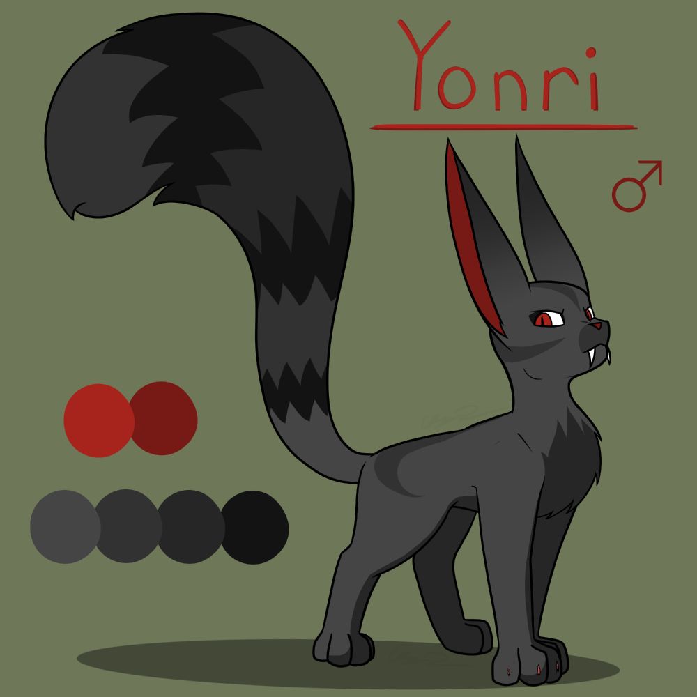 A digital drawing to reference for an OC. An alternate rendition of Yonri, a squabbit oc.
Feline-adjacent anatomy with longer ears and tails.

He has red eyes with a darker shade on his paw pads, inner ears, and nose. This version has dark grey fur with darker markings. He has a darker gradient from the tips to the bases of his ears, and three darker, spikey stripes on his tail.
He has longer fangs than average, reaching down to his chin.

Text reads: "Yonri" 
The symbol for Male is below it.