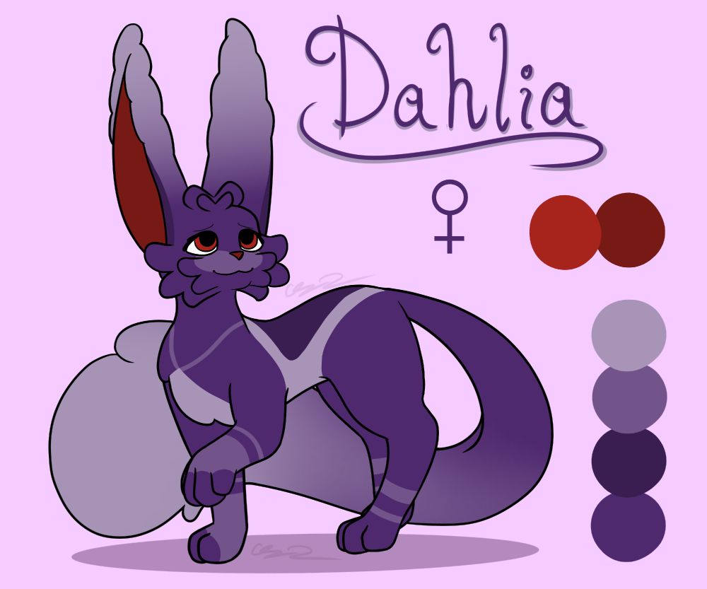 A digital drawing to reference for an OC. The current rendition of Dahlia, a squabbit oc.
Feline-adjacent anatomy with longer ears and tails.

She has grey eyes with a darker shade on her paw pads, inner ears, and nose in this version. Dahlia has honey-flower purple fur with a few markings in different shades, plus a lighter gradient from the tips to the bases of her ears and tail.
She has 14 tufts on her head: 4 on top, and 5 on each cheek, with 2 inner ones and 3 outer.


Text reads: "Dahlia" with a Female symbol below it.