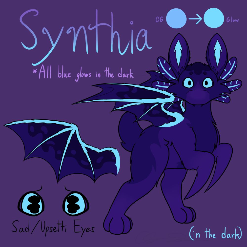 The same image as the previous, but with a purple multiply layer to darken the background and character. The blue remains bright, glowing in the fabricated darkness.
Separate text is added, and a small color sample showing the difference between the blue shades used in the previous vs the current image

Text:
OG -> Glow
* All blue glows in the dark
(in the dark)