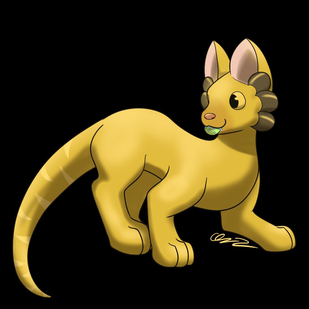 A digital fullbody drawing of an OC, Dyna, a yellow dino-dog hyrbid. It has a small tennis ball.