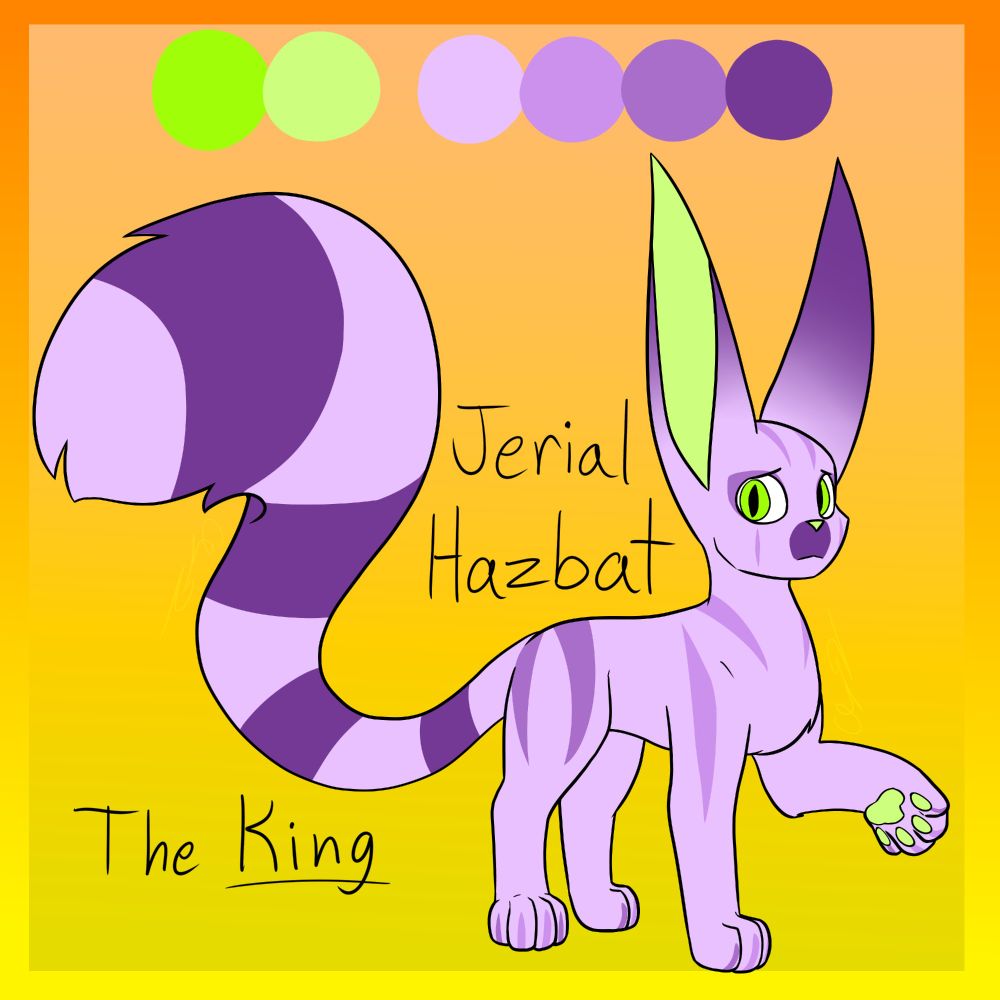 A digital drawing to reference for an OC. A current rendition of King Hazbat (King of Squabbits, an original species).

Feline-adjacent anatomy with longer ears and tails.
He has green eyes and a lighter shade on his paw pads, inner ears, and nose. Jerial otherwise has light pinkish-purple fur with lines of purple markings, plus a darker gradient from the tips to the bases of his ears and four dark stripes on his tail.

Text reads: "Jerial Hazbat" "The King (underlined)"