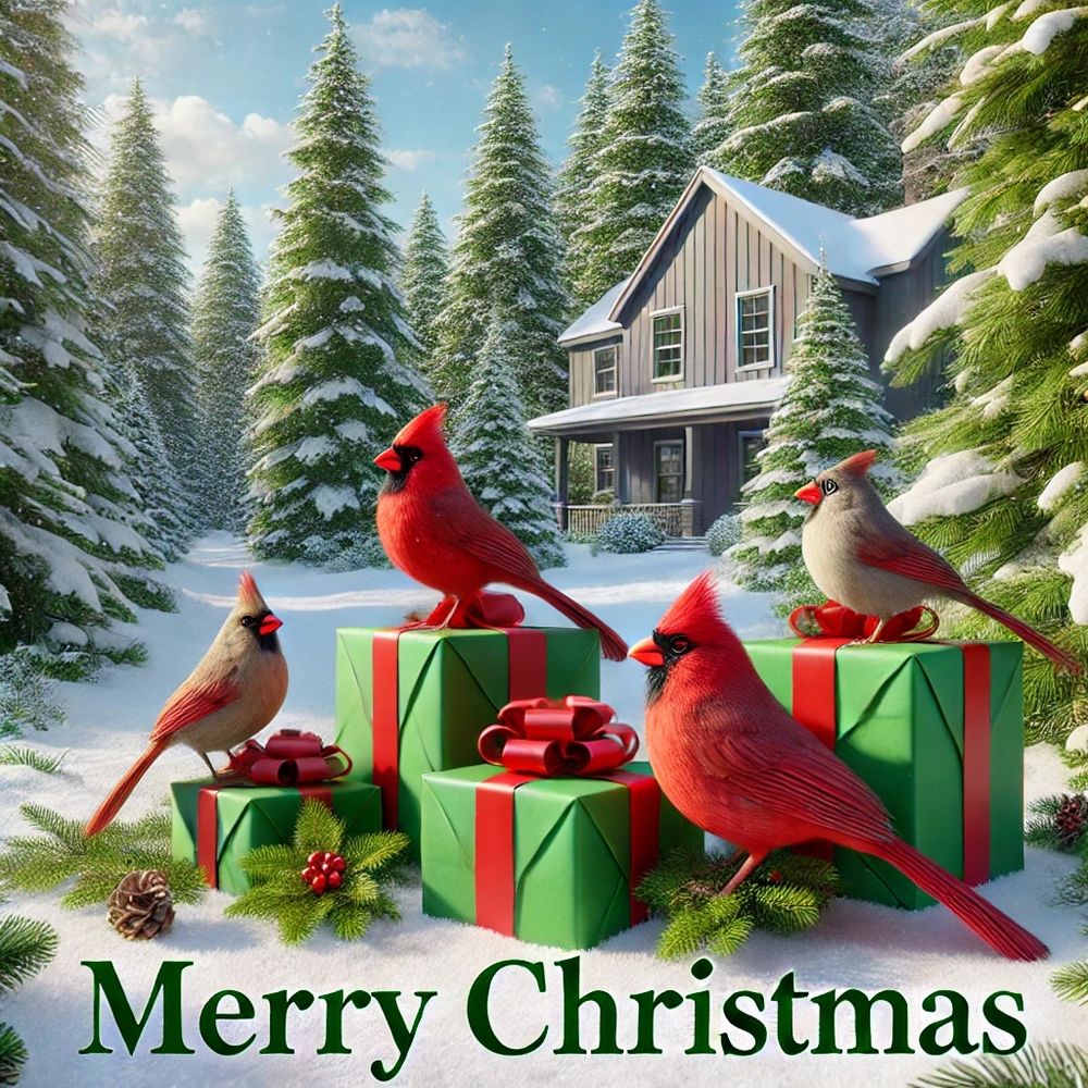 Christmas greeting. Northern Cardinals resting with Christmas gifts. Snow scene with house and evergreen trees in the background.