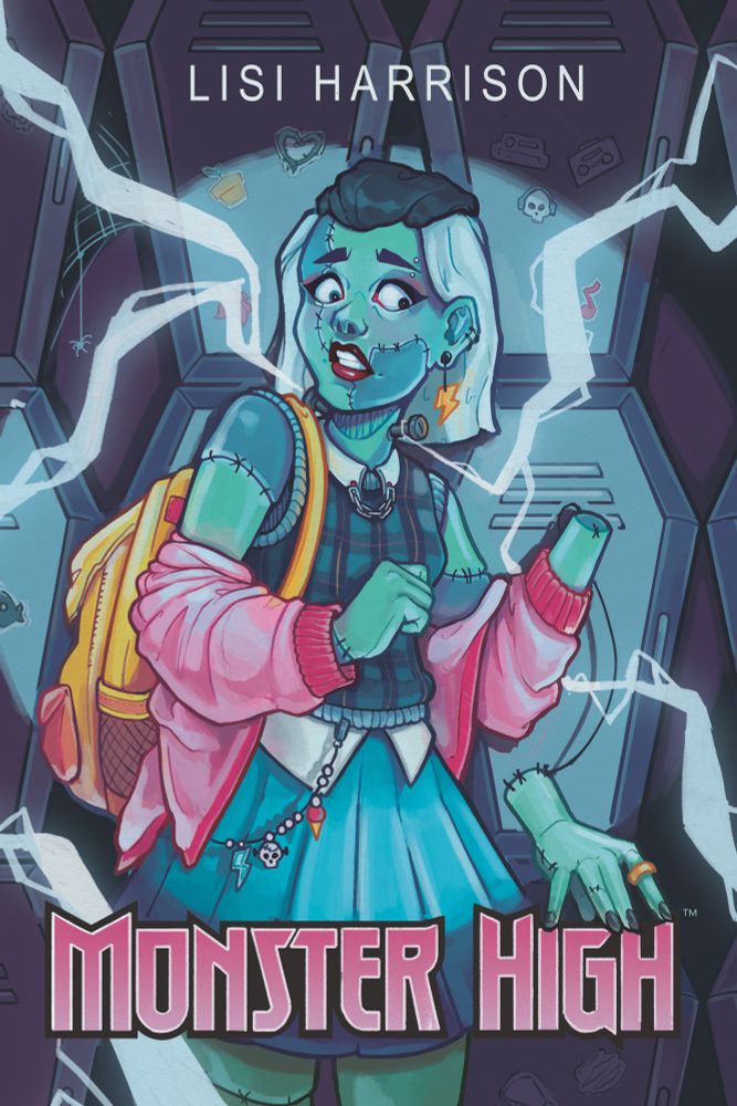 A digital illustration of a redesigned book cover. The book is Monster High by Lisi Harrison, and features Frankie Stein on the front. Her hand has fallen off and is perched on the logo. 