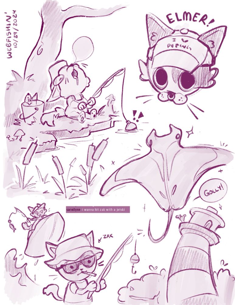 Digital art sketch page of my character in Webfishing who I named Elmer. He’s snoozing, catching a golden manta ray, and hitting his friends with a jetski.